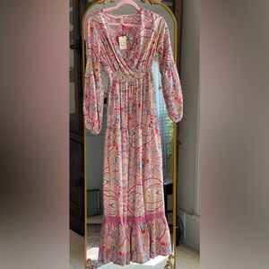 NWT Raga Multicolor Paisley Ruffle Hem Boho Maxi Dress with Pink Lace Accent
